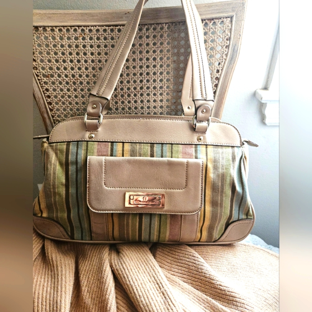Vintage Etienne Aigner Striped Tan and Green Women's Bag